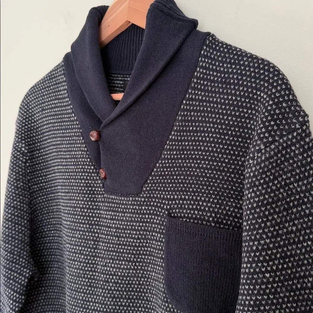 J.Crew Lambswool Shawl Collar Bird’s-Eye Sweater Men’s Large Navy Button Neck